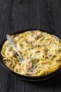 baked chicken tetrazzini in baking dish, top view