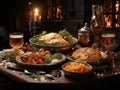 Baked chicken with vegetables on a wooden table in a restaurant.