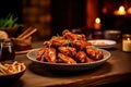 baked chicken wings smothered in barbecue sauce, served on a table. Royalty Free Stock Photo