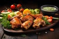 Baked chicken wings with vegetables and sauce on a wooden background, Grilled chicken wings with vegetables on dark wooden Royalty Free Stock Photo