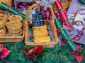 Baked Christmas food on display for sale in a shop window Royalty Free Stock Photo