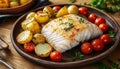 Baked Cod Fillet With Potatoes And Cherry Tomatoes On Wooden Table Royalty Free Stock Photo