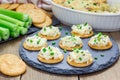 Baked crab dip, served with celery sticks and crackers Royalty Free Stock Photo