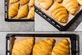 Of baked delicious croissants on baking