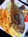 Baked dorada with vegetables and fries on a plate Royalty Free Stock Photo