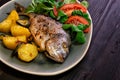 Baked Dorado fish with vegetables in the oven on a dark background.