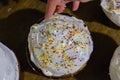 Baked dough raisins buns easter cake close-up