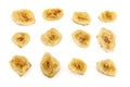 Baked and dried banana chip slice isolated over the white background. Dried banana slices in high resolution. Banana chips. Royalty Free Stock Photo