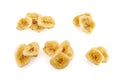 Baked and dried banana chip slice isolated over the white background. Dried banana slices in high resolution. Banana chips. Royalty Free Stock Photo