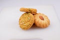 Baked dry fruit biscuits set on white tray Royalty Free Stock Photo