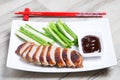 Baked duck with hoisin sauce, cucumbers and shallots. Royalty Free Stock Photo