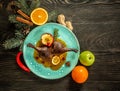 Baked duck leg in Chinese. Thanksgiving or Christmas Dinner. top view. place for text Royalty Free Stock Photo