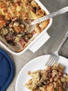 Baked dumplings, ham, mushroom and cheese dish