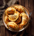 Baked dumplings pierogi with mushroom stuffing in a ceramic bowl on a wooden table