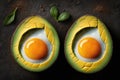 Baked Egg In Avocado Halves Top View. Generative AI