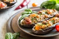 Baked eggplant. aubergine stuffed with vegetables and cheese Royalty Free Stock Photo