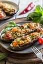 Baked eggplant. aubergine stuffed with vegetables and cheese Royalty Free Stock Photo