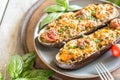 Baked eggplant. aubergine stuffed with vegetables and cheese Royalty Free Stock Photo