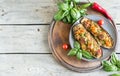 Baked eggplant. aubergine stuffed with vegetables and cheese Royalty Free Stock Photo