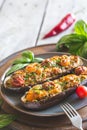 Baked eggplant. aubergine stuffed with vegetables and cheese Royalty Free Stock Photo