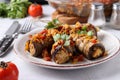 Baked eggplant rolls with chicken, onions and carrots in plate on gray background. Close-up. Horizontal format