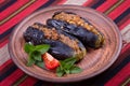 Baked eggplant stuffed with onions, cherry plums and walnuts Royalty Free Stock Photo