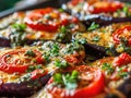 Baked Eggplants with Cheese, Tomatoes and Green Sauce, Italian Parmigiana with Grilled Aubergine