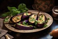 Baked Eggplants Topped with Mint on a Decorative Plate with Vintage Accents
