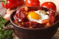 Baked eggs with chorizo and vegetables in the pot. Horizontal