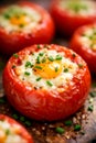 Baked Eggs Inside Tomatoes With Herbs And Rustic Breakfast Presentation Royalty Free Stock Photo
