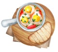 Baked eggs in tomato sauce and other vegetables served with bread