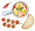 Baked eggs in tomato sauce and other vegetables on a white background