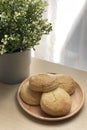 Baked english scone serve for coffee break on wooden dish