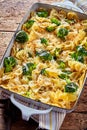 Baked farfalle pasta casserole with broccoli