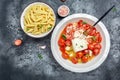 Baked feta pasta ingredients. rending feta pasta with cherry tomatoes herbs and garlic. banner, menu recipe place for text, top