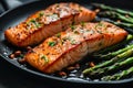 Baked fish with asparagu in the plate