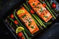 Baked fish with asparagu in the plate