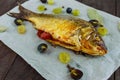 Baked fish carp, stuffed bell peppers and grapes Royalty Free Stock Photo