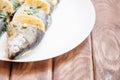 Baked fish dish on a white plate. Royalty Free Stock Photo