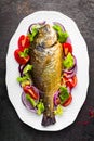 Baked fish dorado. Dorado fish oven baked and fresh vegetable salad on plate. Sea bream or dorada fish grilled and vegetable salad Royalty Free Stock Photo