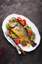 Baked fish dorado. Dorado fish oven baked and fresh vegetable salad on plate. Sea bream or dorada fish grilled and vegetable salad Royalty Free Stock Photo