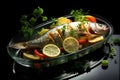 Baked fish dorado. Sea bream or dorada fish grilled. Generative AI