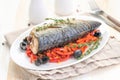 Baked fish mackerel with vegetables, sweet pepper and black olives and herbs Royalty Free Stock Photo