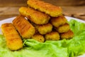 Baked fish sticks and lettuce leaves in a plate