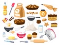 Baked food and ingredients. Cartoon sweet master class, dough doughnuts, cookie dough, cake and pastry baking tools