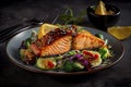 Baked or fried salmon and salad, Paleo, keto, fodmap, dash diet. Mediterranean food with steamed fish