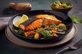 Baked or fried salmon and salad, Paleo, keto, fodmap, dash diet. Mediterranean food with steamed fish