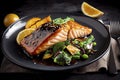 Baked or fried salmon and salad, Paleo, keto, fodmap, dash diet. Mediterranean food with steamed fish