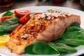 Baked or fried salmon and salad, Paleo, keto, fodmap, dash diet. Mediterranean food with steamed fish