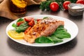 Baked or fried salmon and salad, Paleo, keto, fodmap, dash diet. Mediterranean food with steamed fish Royalty Free Stock Photo